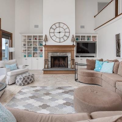 Living room with ocean views in a Holden Beach vacation rental.