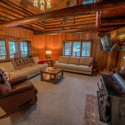 Cabin living space in a West Yellowstone vacation rental.
