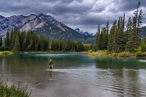 Fly fishing with mountain
